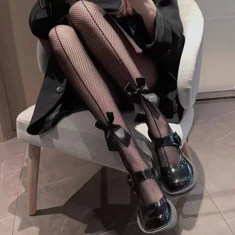 Goth Lolita Cosplay Tights for Girls - Retro Gothic Hollow Out Fishnet Pantyhose in Black & White