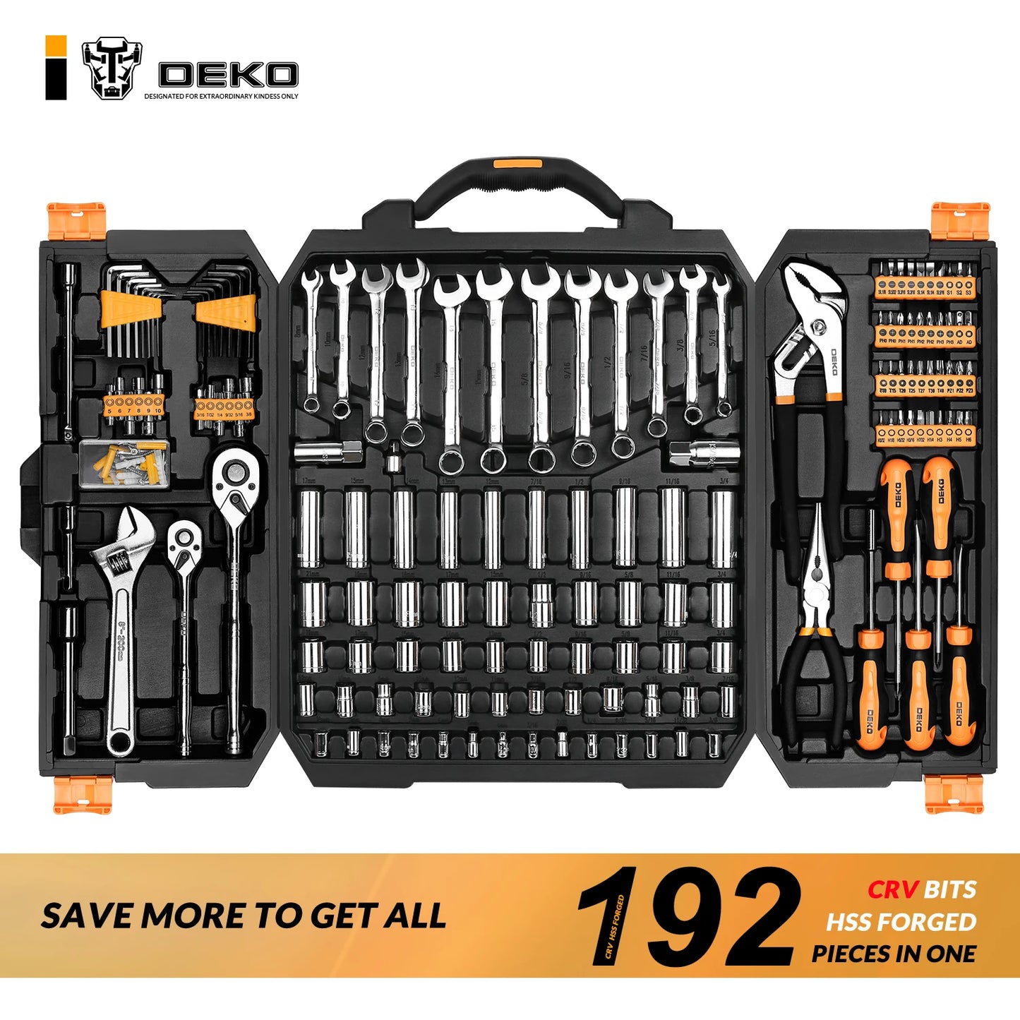 DEKO 192/198-Piece Professional Car Repair Tool Set – Ratchet, Spanner & Socket Kit with Blow-Molded Case