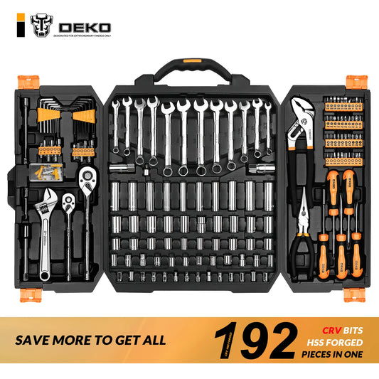 DEKO 192/198-Piece Professional Car Repair Tool Set – Ratchet, Spanner & Socket Kit with Blow-Molded Case