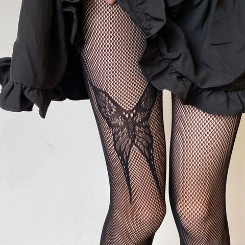 Goth Lolita Cosplay Tights for Girls - Retro Gothic Hollow Out Fishnet Pantyhose in Black & White