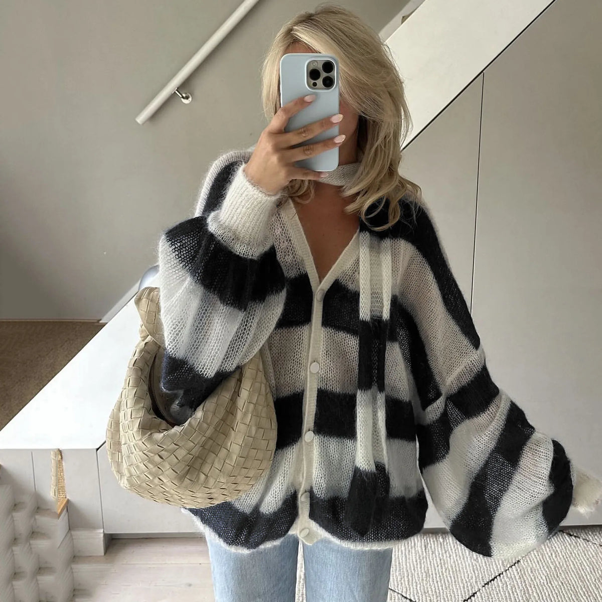 TARUXY Mode Gestreepte Trui Cardigan met Sjaal - Retro Lantaarnmouw Gebreide Top voor Dames