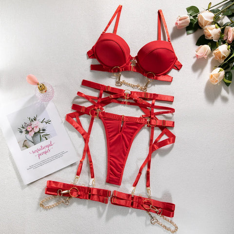 Fine Lingerie Sexy Fancy Underwear 5-Piece Delicate Luxury Erotic Set with Chain Bra and Panty Set Garters