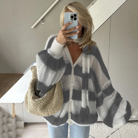 TARUXY Mode Gestreepte Trui Cardigan met Sjaal - Retro Lantaarnmouw Gebreide Top voor Dames