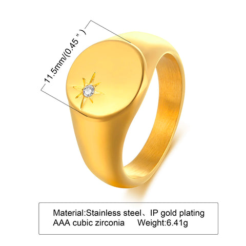 Stainless Steel Floral Signet Ring - Celestial CZ North Star Design for Men and Women