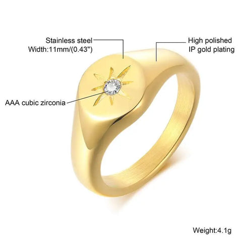 Stainless Steel Floral Signet Ring - Celestial CZ North Star Design for Men and Women