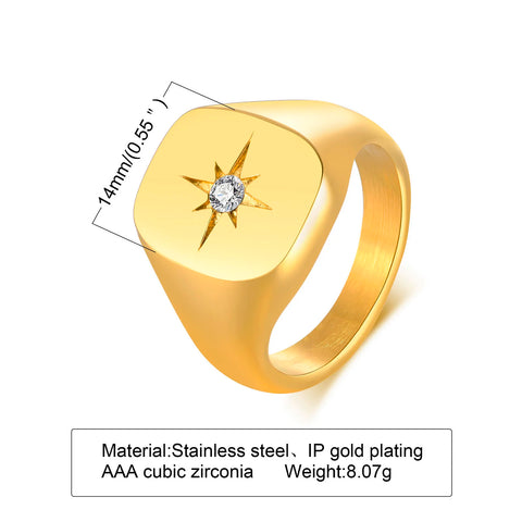 Stainless Steel Floral Signet Ring - Celestial CZ North Star Design for Men and Women