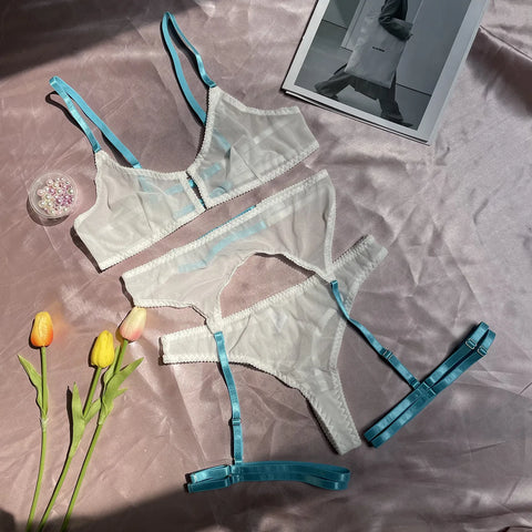 3-Piece Mesh Bra Set with Transparent Color Straps - 5 Colors Sexy Lingerie Set for Women