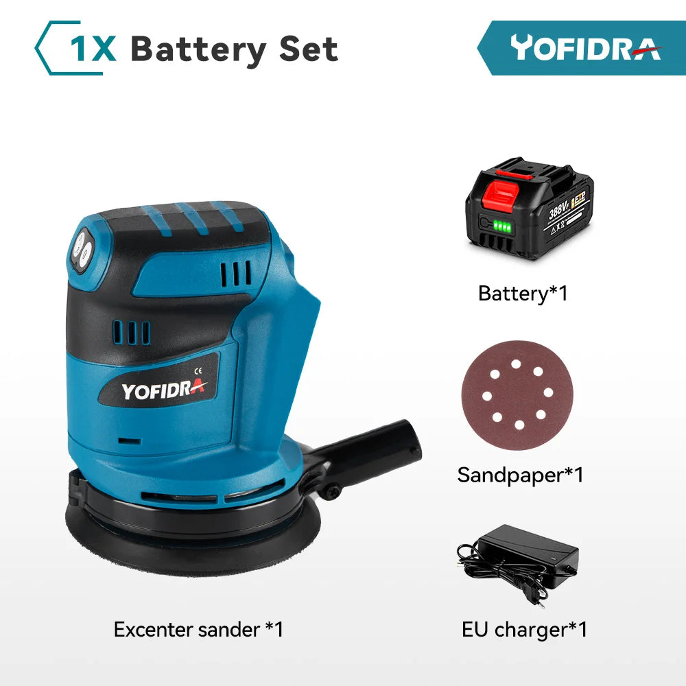 YOFIDRA 125mm Cordless Electric Orbital Sander – Woodworking Grinding & Polishing Tool for Makita Battery Pin