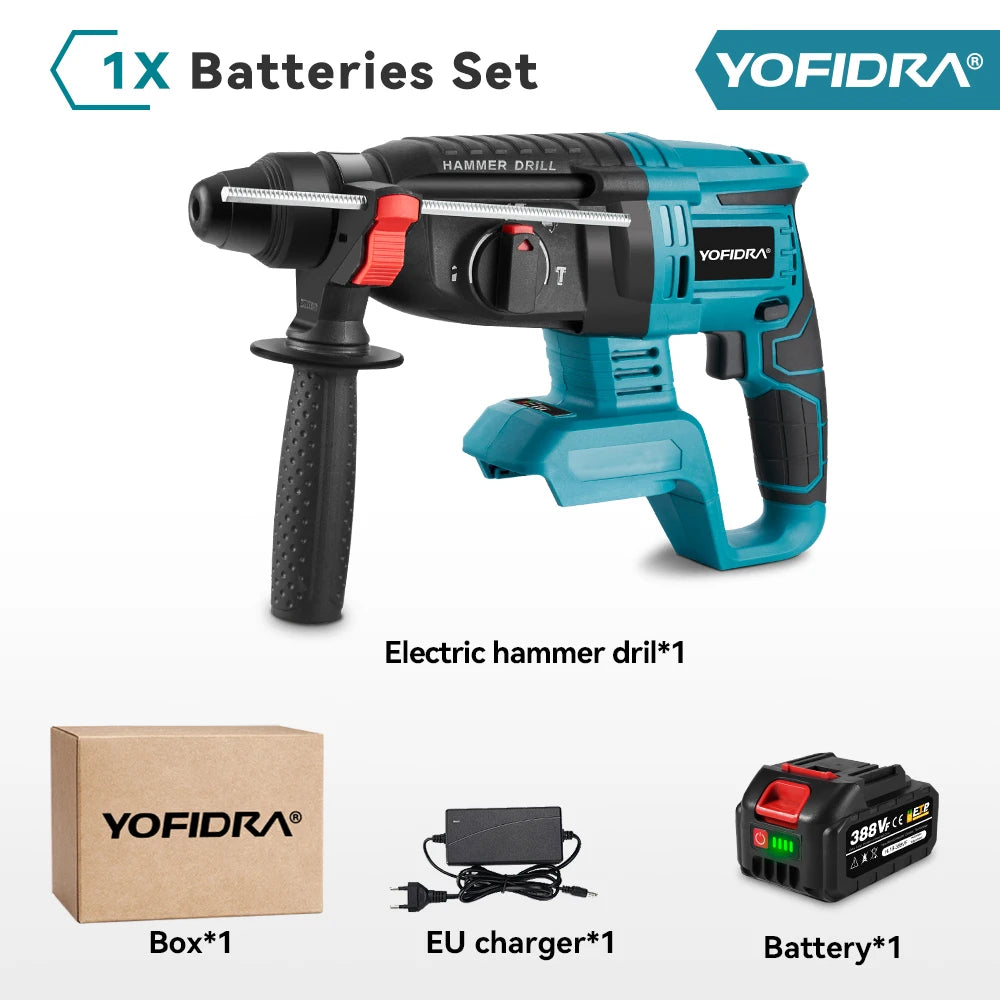YOFIDRA 26mm Brushless Cordless Rotary Hammer – Multifunction Impact Drill for Makita Battery Pin