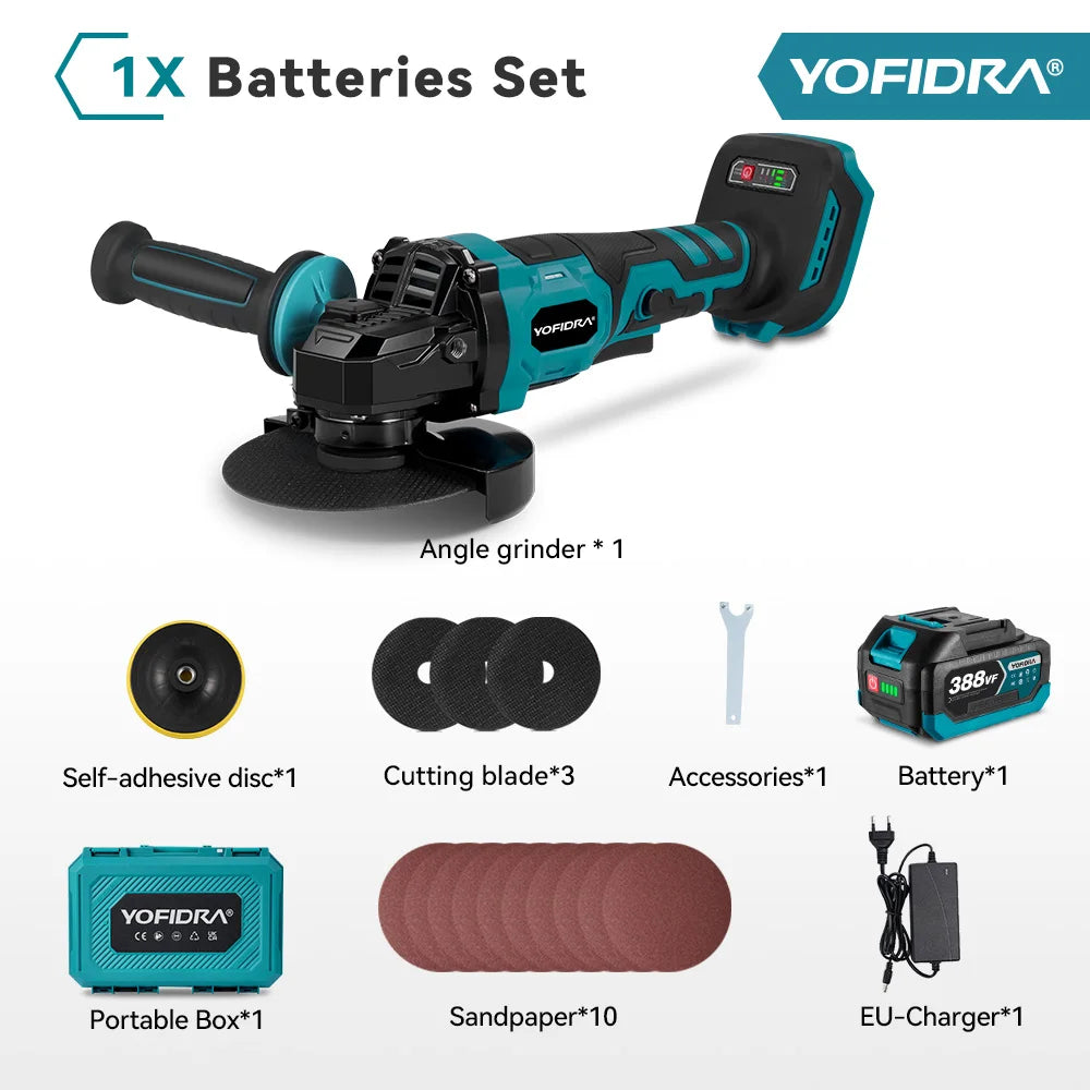 YOFIDRA 2-in-1 125mm Brushless Angle Grinder – 3-Speed Woodworking Polisher & Cutter for Makita Battery Pin