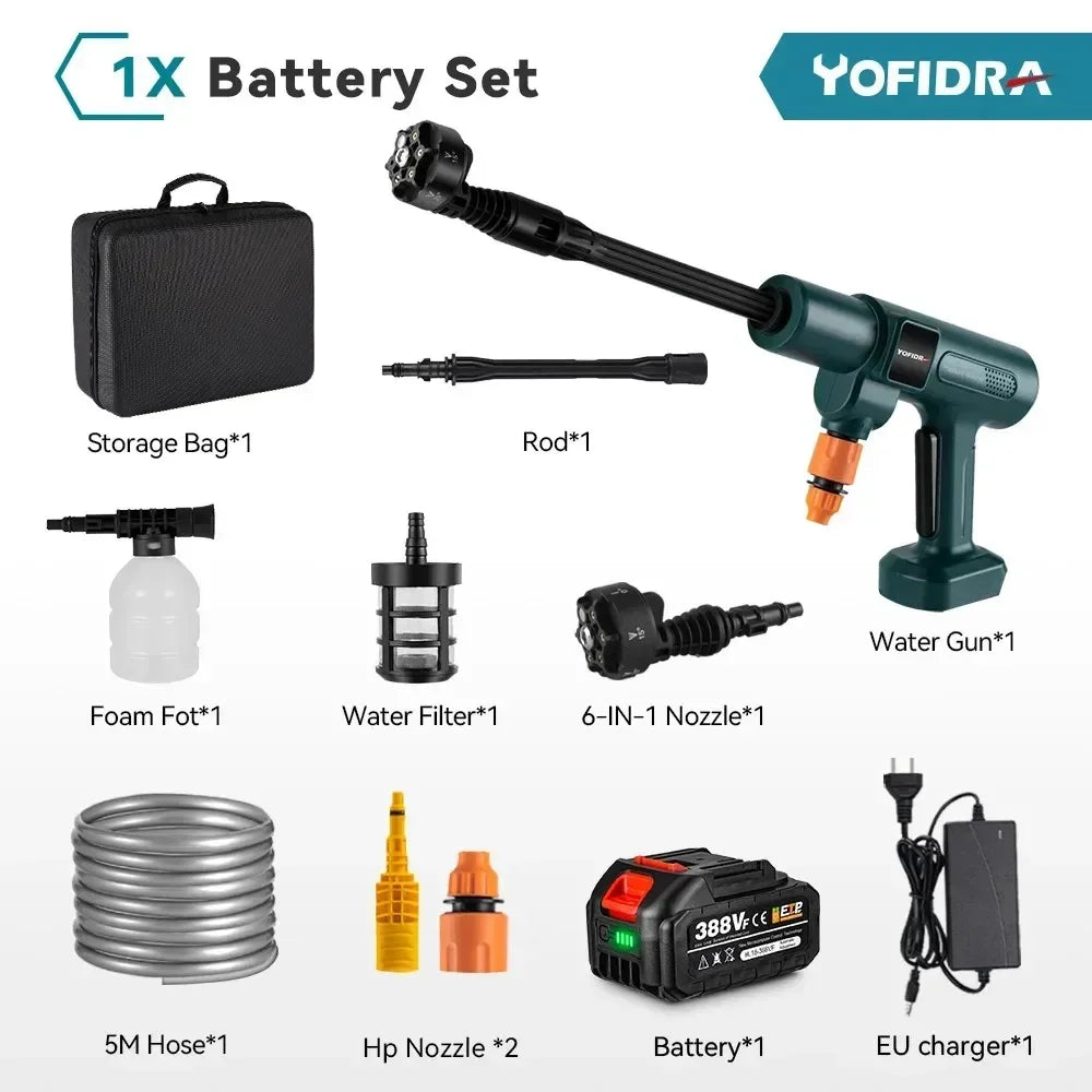 YOFIDRA 200Bar Brushless Electric Pressure Washer – 3500W 6-in-1 Car Cleaning & Garden Tool for Makita Battery Pin