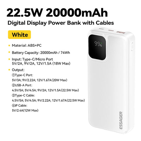 Essager Power Bank – 20000mAh Fast-Charge with Built-in Cables