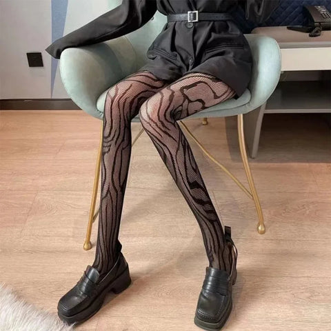 Goth Lolita Cosplay Tights for Girls - Retro Gothic Hollow Out Fishnet Pantyhose in Black & White