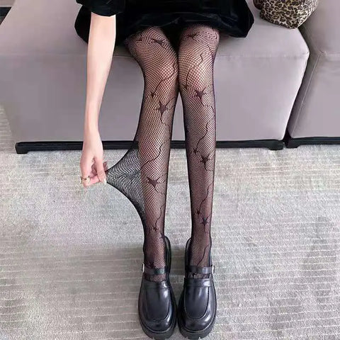 Goth Lolita Cosplay Tights for Girls - Retro Gothic Hollow Out Fishnet Pantyhose in Black & White