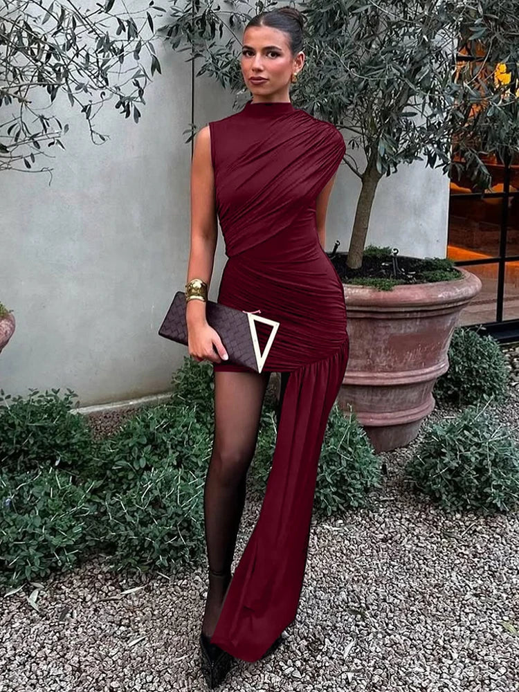 Mozision onregelmatig gedrapeerde geplooide sexy mini-jurk voor vrouwen - elegante coltrui, mouwloze hoge taille, geplooide clubfeestjurk 