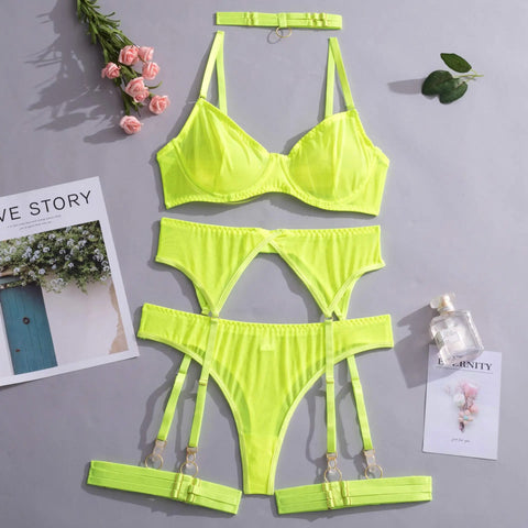 4-Piece Lace Bra Set Women Mesh Panty Underwear Set - 8 Colors Transparent Sexy Lingerie Set