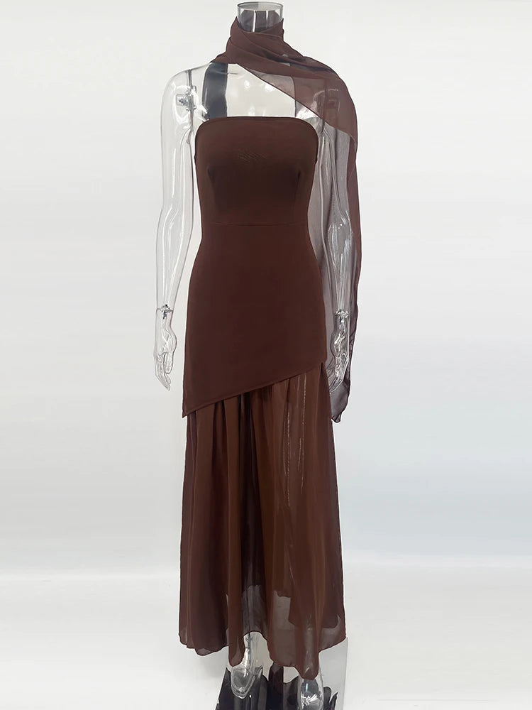 TARUXY Fashion Strapless Jurk - Elegante Mouwloze Mesh Strandvakantie Lange Jurk voor Dames