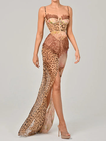 Mozision Leopard Print Lace Split Sexy Maxi Dress for Women - Elegant Patchwork Chiffon Beach Evening Gown