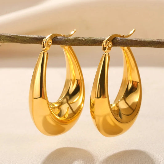 Vintage Geometric Chunky Earrings for Women - Gold Stainless Steel Fashion Jewelry