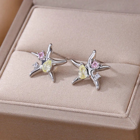 Zircon Starfish Stud Earrings for Women - Gold Stainless Steel Statement Jewelry Gift