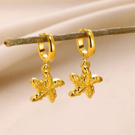 Vintage Starfish Shell Hoop Earrings for Women – Gold Color Stainless Steel Ocean Shell Earring, Waterproof Wedding Jewelry Gift
