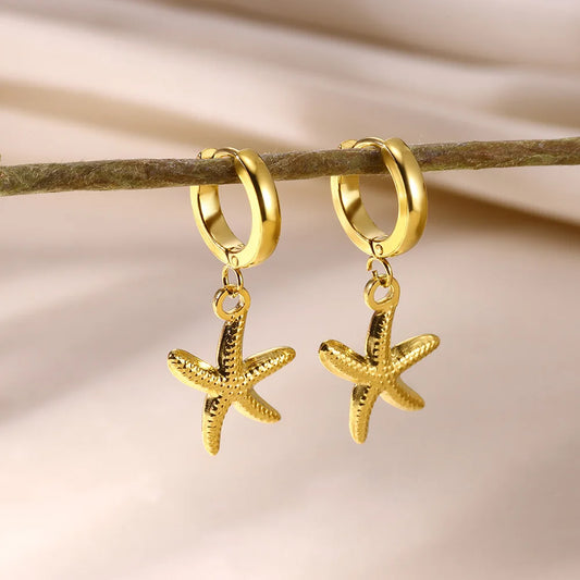 Vintage Starfish Shell Hoop Earrings for Women – Gold Color Stainless Steel Ocean Shell Earring, Waterproof Wedding Jewelry Gift