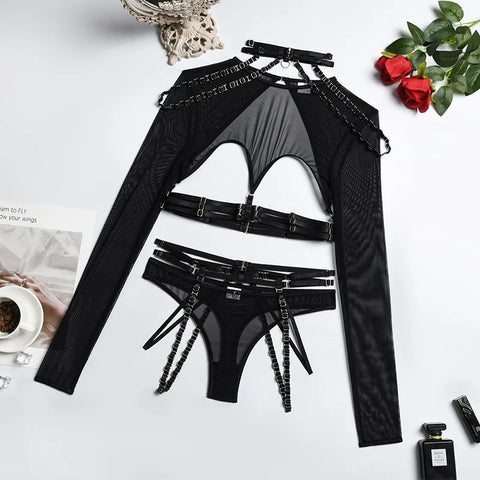 4-Piece Gothic Lingerie Set for Women - 11 Colors - Backless Fancy Black Halter Mesh Bandage Exotic Sets