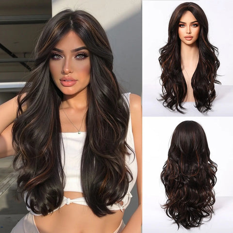 EASIHAIR Long Wavy Brown Synthetic Wig for Women with Side Bangs - Natural Look, Heat Resistant for Daily Wear