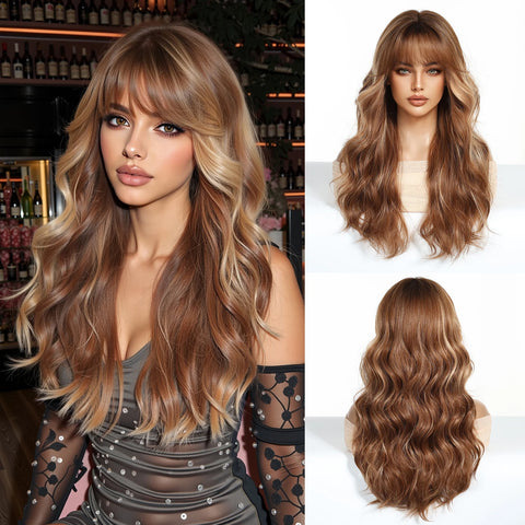 EASIHAIR Long Brown Ombre Synthetic Wigs for Women - Natural Wavy Cosplay Wig
