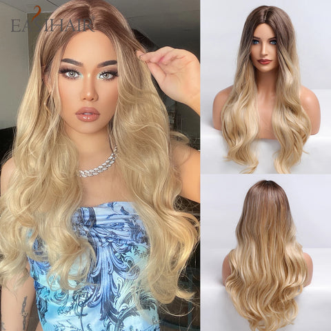 EASIHAIR Long Brown Ombre Synthetic Wigs for Women - Natural Wavy Cosplay Wig