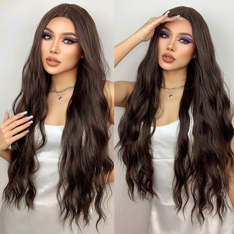 EASIHAIR Long Brown Ombre Synthetic Wigs for Women - Natural Wavy Cosplay Wig