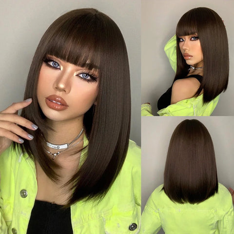 EASIHAIR Ombre Brown Blonde Wigs with Bangs - Layered Heat Resistant Synthetic Wig for Women