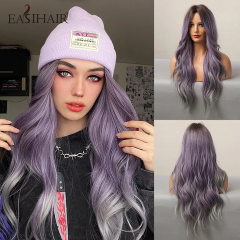 EASIHAIR Long Brown Ombre Synthetic Wigs for Women - Natural Wavy Cosplay Wig