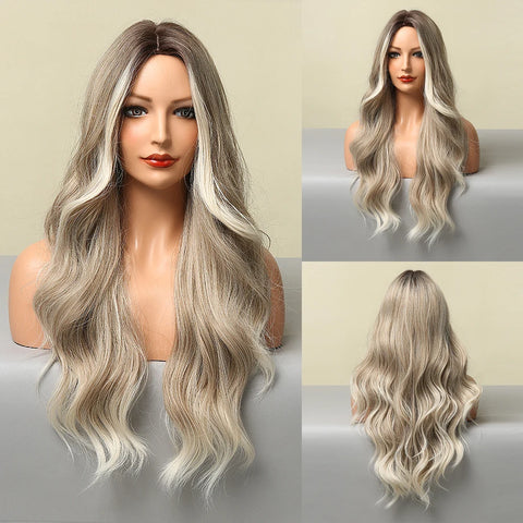 EASIHAIR Long Brown Ombre Synthetic Wigs for Women - Natural Wavy Cosplay Wig