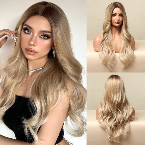 EASIHAIR Long Brown Ombre Synthetic Wigs for Women - Natural Wavy Cosplay Wig