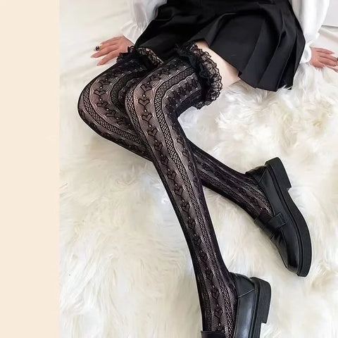 Women’s Lace Floral Rattan Fishnet Over Knee Stockings - Thigh High Mesh Hosiery