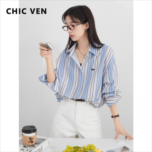 CHIC VEN Dames Losse Casual Gestreepte Blouse 