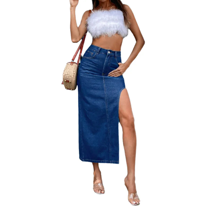 Benuynffy Sexy Side High Split Denim Skirt - Women's Summer Vintage Fashion