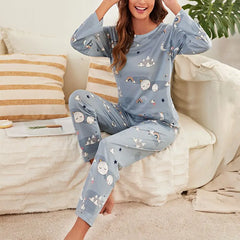 Women’s Cartoon Print Pajama Set with Eye Mask