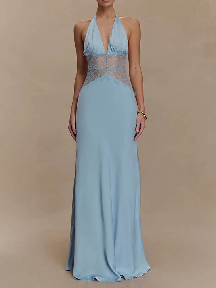 Mozision Zomer Sexy Maxi-jurk zonder rug voor dames - Elegante patchwork kanten halterjurk met diepe V-hals 