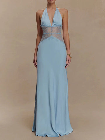 Mozision Zomer Sexy Maxi-jurk zonder rug voor dames - Elegante patchwork kanten halterjurk met diepe V-hals 