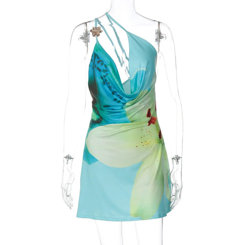 TARUXY Sexy mini-jurk met één schouder en print voor strandvakanties