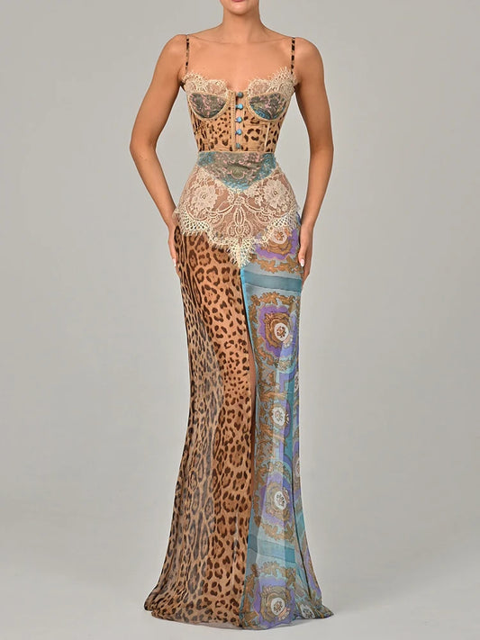 Mozision Leopard Print Lace Split Sexy Maxi Dress for Women - Elegant Patchwork Chiffon Beach Evening Gown