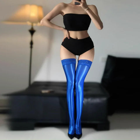 Women’s Shiny Thigh High Stockings with Lace Top and Anti-Slip Silicone