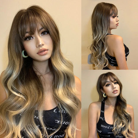 EASIHAIR Long Brown Ombre Synthetic Wigs for Women - Natural Wavy Cosplay Wig