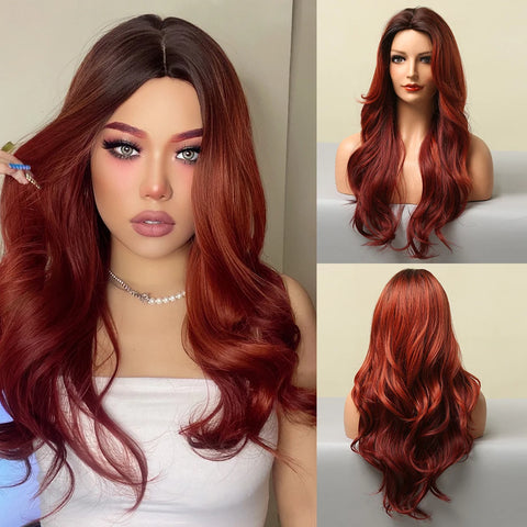 EASIHAIR Long Brown Ombre Synthetic Wigs for Women - Natural Wavy Cosplay Wig