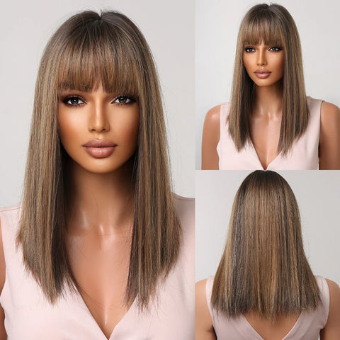 Medium Straight Synthetic Bob Wig Dark Black Brown Short Wigs With Bangs for Women Cosplay Daily Layered Hair Heat Resistant