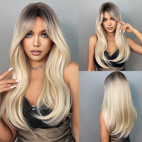 EASIHAIR Long Brown Ombre Synthetic Wigs for Women - Natural Wavy Cosplay Wig