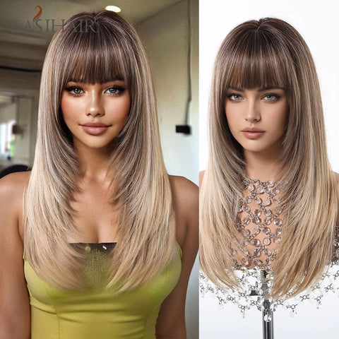 EASIHAIR Women Synthetic Wigs - Long Brown Ombre Blonde Layered Wigs with Curtain Bangs for Daily Use