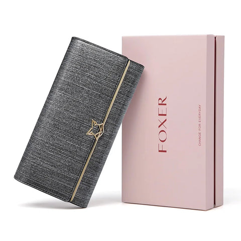 FOXER Women's Split Leather Long Wallet - Chic Clutch & Card Holder